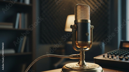 Professional Gold Microphone on Stand with Soundboard in Recording Studio
