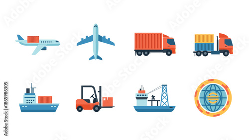 Modern logistics icons: transport and global shipping in flat style