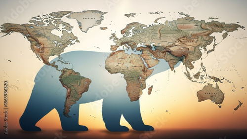 Polar Bear Walking on World Map at Sunset, Symbolizing Climate Change
