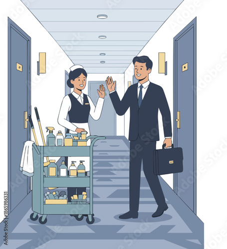 Friendly Hotel Housekeeper and Businessman High fiving in a Corridor
