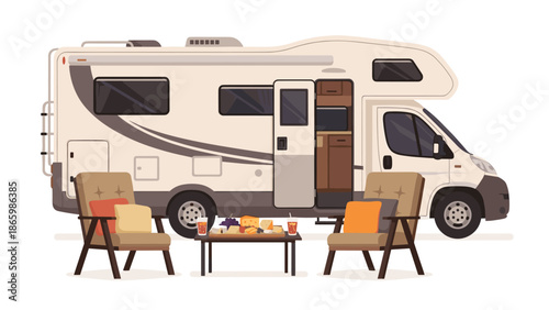 Modern white camper van with an open door revealing an inviting interior, parked alongside comfortable outdoor chairs and a table laden with food.