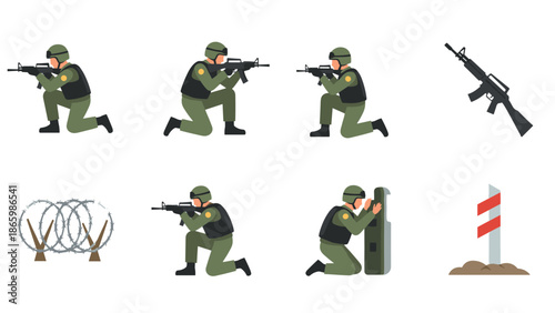 Flat military figures and equipment set for tactical design projects