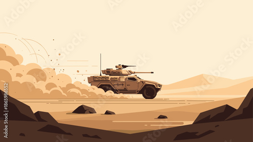 Desert patrol vehicle in action with dust trail in minimalist style