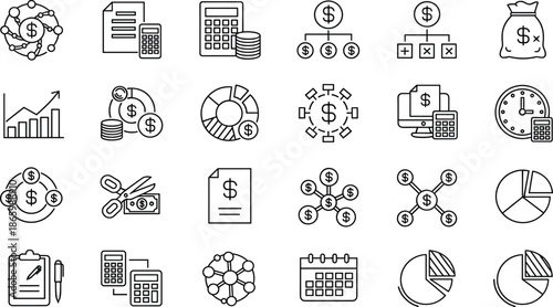 Set of financial accounting icons, money investment symbols, budget planning elements, calculator, tax report, currency growth, profit analysis, and business economy (21 words)