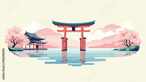 Serene japanese landscape with torii and cherry blossoms reflecting on water