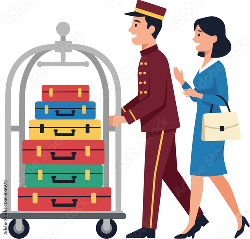 Smiling Hotel Bellhop Assists a Female Guest with Stacked Luggage Cart