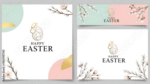 Set of business card templates featuring floral spring patterns and heart art vector illustrations for elegant Easter greeting cards or baby shower invitations with pink nature leaf decorations