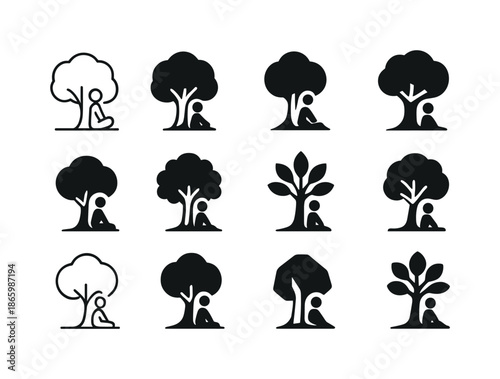 Solitude Logo Variations. Embracing Solitude and Personal Time. Icon set. Set Logo of Embracing Solitude and Personal Time: person sitting peacefully under a