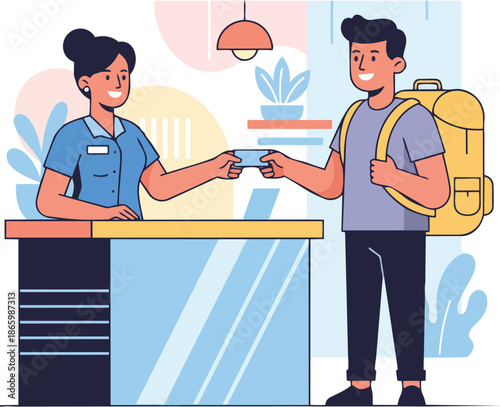 Friendly Hotel Receptionist Hands Key Card to Smiling Traveler