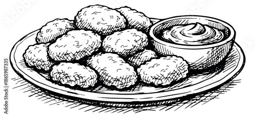 Hand drawn line art illustration of chicken nuggets depicting a fried snack with dipping sauce for fast food menus