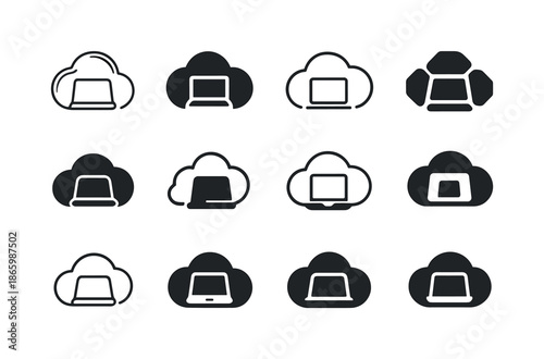 Remote Work Icons. Remote work revolution post-pandemic. Icon set. Set Logo of Remote work revolution post-pandemic: cloud workspace. harmonious logo