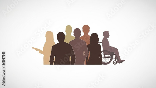 Diverse Group of People Including Man in Wheelchair Silhouette Illustration
