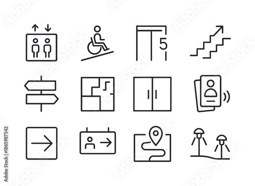 Skybridge Access Icons. Skybridge access. Line icon set of Skybridge access: elevator icon, access ramp, security gate, stairs entrance, directional signage,