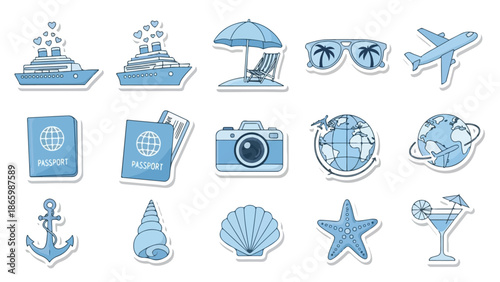 A collection of blue travel icons on a white background