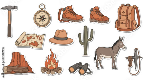 A collection of cartoon camping and hiking items on a white background