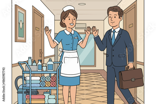 Friendly Hotel Housekeeper and Businessman Greeting in Hallway