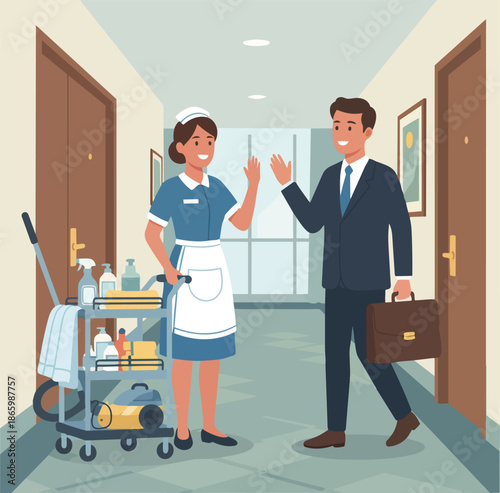 Friendly Housekeeper Greeting Businessman in Hotel Hallway