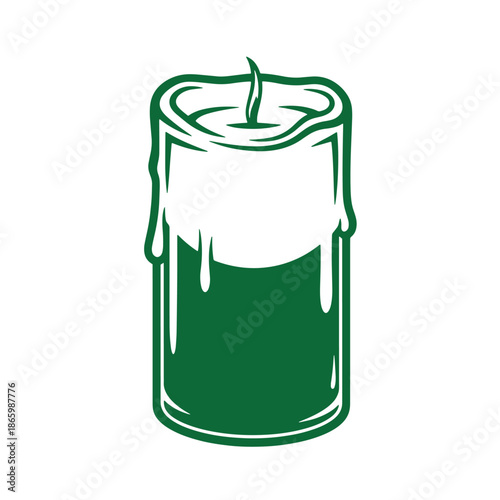 Green candle with melted wax drips on the side and a lit wick on top  home decor object