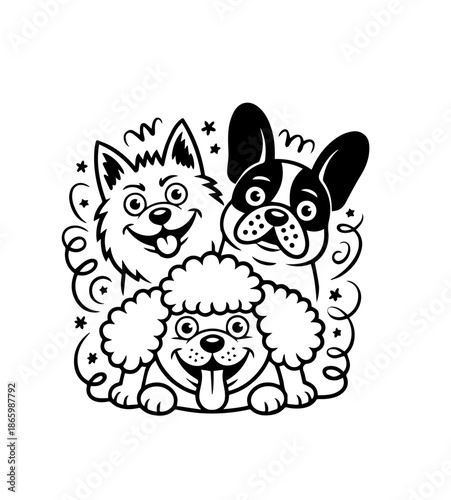  Dogs faces doodle Collection of hand drawn funny cute faces of dogs pets of different breeds and fur styles isolated on transparent background. Illustration of dogs breeds for kids