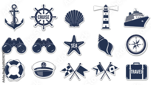 A collection of nautical icons and travel symbols in blue and white