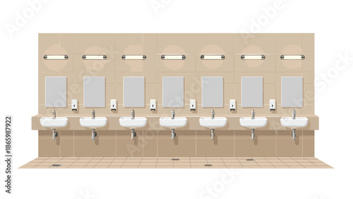 Clean and organized public restroom with a row of multiple white sinks, mirrors, soap dispensers, and hand dryers, set against a tiled wall.