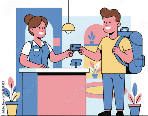 Traveler Receives Room Key Card from Smiling Hotel Receptionist