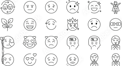 Set of minimalist line icons representing mental health, emotions, mood tracking, psychological well-being, stress, happiness, and diverse human feelings collection