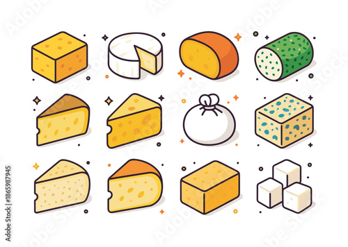 Artisan Cheese Icons. Artisan Cheeses. Colorful isometric vector icons set of Artisan Cheeses: aged cheddar, creamy brie, smoky gouda, herb chevre, manchego