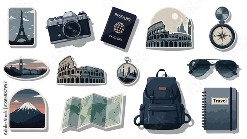 A collection of travel related items and landmarks on a white background