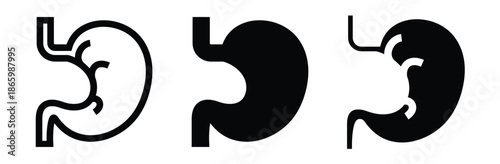 Stomach anatomy illustrations in black and white,Stomach icon set vector. Digestion,  Diet icons,  Stomach Healing, Ulcers, Gastritis, Ache and Pain, Stomach Discomfort and Digestive Issues,