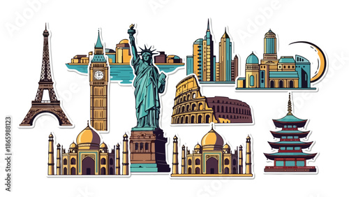 A colorful illustration of famous landmarks from around the world