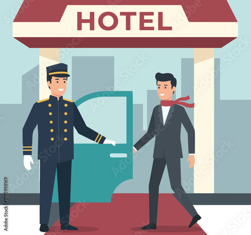 Professional Hotel Bellhop Welcoming a Male Client from a Car