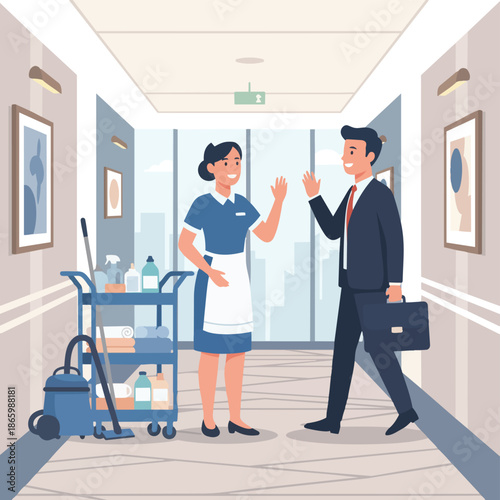 Friendly Housekeeper and Businessman Greet in Modern Hotel Hallway