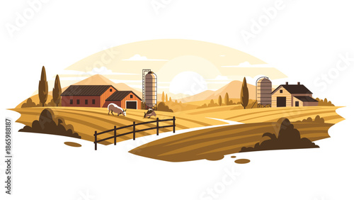 Picturesque farm landscape at sunset with barns, silos, and grazing animals on golden fields, surrounded by hills, evoking a peaceful rural scene.