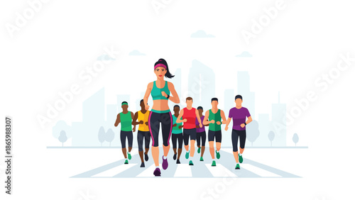 Diverse group of people, led by a strong female runner, participating in a marathon or race through a cityscape, promoting fitness and healthy lifestyle.