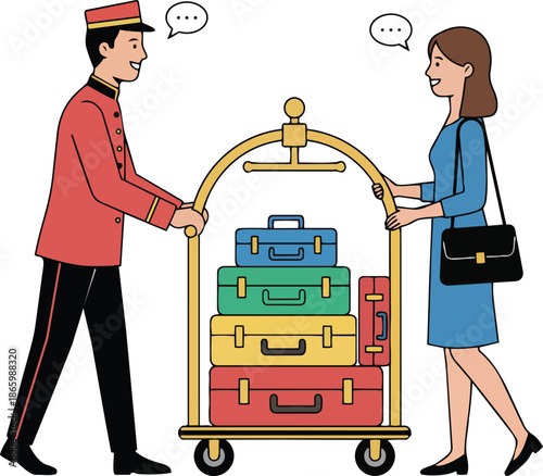 Hotel Bellboy and Female Guest Discussing Luggage at Check in