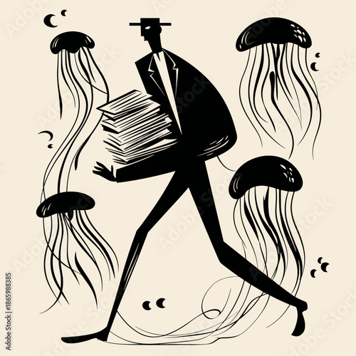 Abstract Illustration of a Figure with Jellyfish and Books