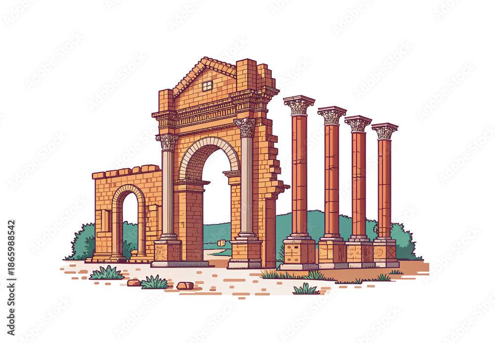 Fototapeta premium Illustrated ancient gateway with ornate arches and four standing decorative columns, isolated on a transparent background