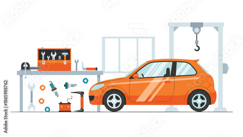 Modern car service workshop with an orange car undergoing maintenance, surrounded by various tools, equipment, and a toolbox, depicting auto repair.