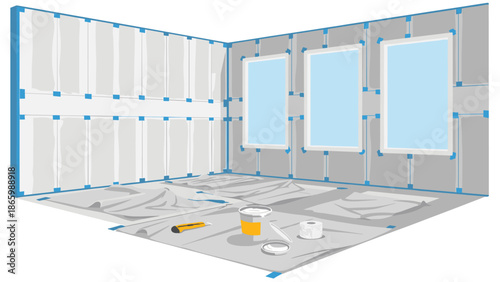 Room prepared for painting or renovation, with walls and floor covered in protective sheets and tape, alongside painting supplies like a roller and bucket.