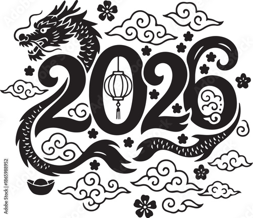 Black and white vector illustration of dragon entwined with “2026” and festive Chinese New Year symbols