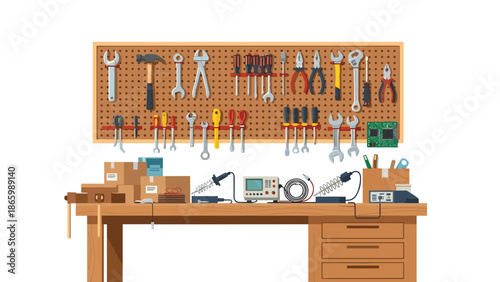 Well-organized workbench for electronics or mechanical repairs, featuring a pegboard with tools and a table with testing equipment, soldering iron, and packages.