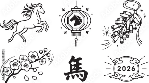 Black and white vector set of six Chinese New Year icons themed around the Year of the Horse 2026