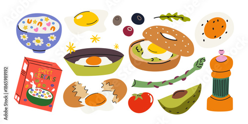 Healthy tasty morning food elements and shape. Cartoon breakfast stickers with avocado, fried egg, guacamole, cereals, bacons, toast, vegetables, bun, tomato. Vector flat illustration