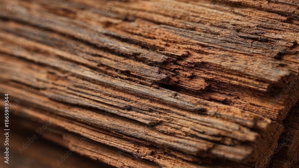 Obraz premium Close-up of weathered, splintered wood with rough brown layers and pronounced grain. Concept Weathered wood texture, close-up grain, splintered wood detail, rustic brown layers, rough surface