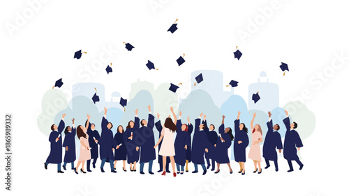 Large group of diverse graduates in caps and gowns joyfully throwing their hats into the air against a backdrop of city buildings, celebrating their success.