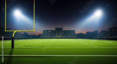 Empty American football stadium at night, with a brightly lit green turf field and tall yellow goalposts standing prominently under powerful spotlights.