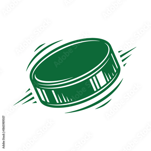 green hockey puck in motion with speed lines around it  ice hockey puck  fast moving puck