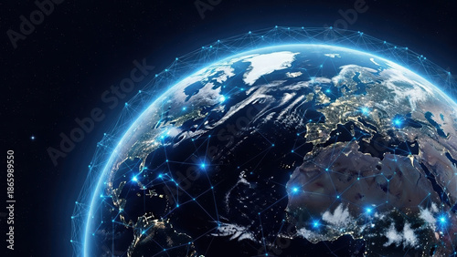 Three dimensional global planet net virtual transfer digital space continent map tech network technology communication information business worldwide networking concept connection connect