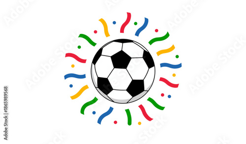 Soccer victory celebration illustration with football ball and colorful confetti